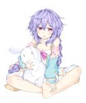  1girl :o bare_shoulders barefoot blush bow bowtie braid breasts butterfly_sitting choker cleavage full_body hair_ribbon highres holding holding_stuffed_animal kami_jigen_game_neptune_v lavender_hair long_hair looking_at_viewer neptune_(series) oyat pink_eyes pururut ribbon simple_background small_breasts solo stuffed_animal stuffed_bunny stuffed_toy white_background white_choker 