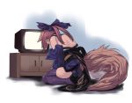  1girl animal_ears crying detached_sleeves fate/extra fate_(series) fox_ears japanese_clothes kimono obi off_shoulder pink_hair purple_legwear sash sitting solo tamamo_(fate)_(all) tamamo_no_mae_(fate) tangamja television thigh-highs thighs wariza 