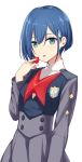  1girl blue_hair commentary_request darling_in_the_franxx food fruit green_eyes hair_ornament hand_up highres hiraga_matsuri holding holding_fruit ichigo_(darling_in_the_franxx) long_sleeves looking_at_viewer school_uniform short_hair simple_background solo strawberry tongue tongue_out upper_body white_background 