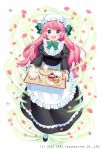  1girl :d apron black_footwear black_shirt black_skirt blue_eyes blurry blurry_foreground blush bow bowtie cup depth_of_field eyebrows_visible_through_hair food full_body glass gothic_wa_mahou_otome green_neckwear green_ribbon hair_ribbon highres holding holding_tray jenevan juliet_sleeves long_hair long_sleeves looking_at_viewer maid maid_apron maid_cap official_art open_mouth pastry petals pink_hair puffy_sleeves ribbon shirt shoes simple_background skirt smile socks solo teacup tray watermark white_background white_legwear 