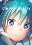  1girl anniversary aqua_eyes aqua_hair closed_mouth copyright_name earrings english face hair_ornament hatsune_miku highres jewelry looking_at_viewer reflective_eyes smile solo twintails vocaloid wokada 