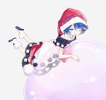  1girl ;3 bare_arms blue_eyes blue_hair doremy_sweet dream_soul dress full_body grey_background hat looking_at_viewer lying nightcap nuudoru on_stomach one_eye_closed pom_pom_(clothes) red_hat shoes short_hair simple_background smile solo touhou turtleneck white_dress white_footwear 