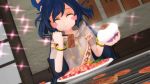  1girl ^_^ blue_hair blush_stickers bow bowl closed_eyes debt eating furui grey_jacket grill hair_bow highres jacket mikumikudance plate rice short_sleeves solo sparkle touhou yakiniku yorigami_shion 