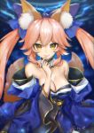  animal_ears bow breasts cleavage collarbone commentary_request detached_sleeves fate/grand_order fate_(series) fox_ears fox_tail hair_bow hair_ribbon highres japanese_clothes large_breasts looking_at_viewer multiple_tails pink_hair ribbon tail tamamo_(fate)_(all) tamamo_no_mae_(fate) tranquil-lizer yellow_eyes 