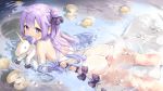  1girl ahoge ass azur_lane bare_shoulders clam covered_mouth dress elbow_gloves gloves hair_ribbon highres in_water long_hair looking_at_viewer lying marmoset_(marmoset0) on_stomach pearl purple_hair ribbon see-through side_bun solo stuffed_unicorn unicorn_(azur_lane) water wet wet_clothes wet_dress white_dress white_gloves 