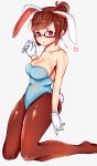  1girl animal_ears bangs blush breasts bunny_tail bunnysuit collarbone curvy glasses gloves heart highres large_breasts looking_at_viewer mei_(overwatch) overwatch rabbit_ears rono solo tail thigh-highs 
