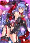  1girl breasts covered_navel garter_straps gloves hana_(xenoblade) hana_jd highleg highleg_leotard highres leotard long_hair medium_breasts orange_eyes purple_hair robot_joints scarf smile solo spoilers thigh-highs thigh_gap xenoblade xenoblade_2 yellow_eyes 