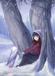  1girl bangs bare_tree black_hair black_skirt blunt_bangs blurry blush day depth_of_field forest gloves green_eyes hands_on_own_knees hands_together highres knit_hat kurosawa_dia long_hair long_sleeves looking_at_viewer love_live! love_live!_school_idol_project love_live!_sunshine!! mole mole_under_mouth nature outdoors plaid plaid_scarf purple_sweater radiapyon scarf sidelocks sitting skirt smile snow snowboard solo sweater tree under_tree white_gloves winter 