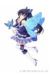  1girl bangs bare_shoulders black_hair blue_dress blue_eyes blush boots butterfly_hair_ornament closed_mouth detached_sleeves dress eyebrows_visible_through_hair fairy_wings floating frilled_dress frills from_side full_body gothic_wa_mahou_otome hair_ornament hand_up high_heel_boots high_heels highres holding index_finger_raised jenevan long_hair looking_at_viewer looking_to_the_side official_art ponytail simple_background solo thigh-highs wand watermark white_background white_footwear white_legwear wings 