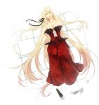  bare_shoulders blonde_hair breasts dress hair_ribbon high_heels highres izn kiss-shot_acerola-orion_heart-under-blade large_breasts long_hair monogatari_(series) no_arms oshino_shinobu pointy_ears red_dress ribbon solo strapless strapless_dress vampire very_long_hair yellow_eyes 