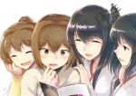  4girls :d ^_^ ^o^ black_hair book brown_eyes brown_hair closed_eyes ebizome fusou_(kantai_collection) hair_ornament hyuuga_(kantai_collection) ise_(kantai_collection) japanese_clothes kantai_collection long_hair long_sleeves multiple_girls open_mouth ponytail short_hair simple_background smile white_background yamashiro_(kantai_collection) 