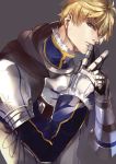  1boy armor blonde_hair blue_eyes breastplate cape fate/prototype fate_(series) fur_trim gauntlets highres looking_at_viewer male_focus pvc_parfait saber_(fate/prototype) solo 