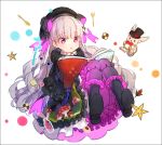  1girl :o alice_in_wonderland bangs beret black_capelet black_dress black_footwear black_gloves black_hat blush book boots bow capelet checkerboard_cookie cookie doll_joints dress elbow_gloves eyebrows_visible_through_hair fate/extra fate_(series) food food_print frilled_dress frilled_sleeves frills full_body fur-trimmed_capelet gloves hakusai_(tiahszld) hat hat_bow holding holding_book knees_together_feet_apart long_hair mushroom_print nursery_rhyme_(fate/extra) open_book parted_lips print_dress silver_hair solo striped striped_bow very_long_hair violet_eyes 
