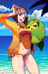  1girl armpits bikini blue_sky bob_cut breasts brown_eyes brown_hair cowboy_shot day eyewear_on_head forehead hairband highres horizon ian_chase lips ocean open_mouth patreon_logo pokemon pokemon_(creature) pokemon_(game) pokemon_bw see-through short_hair side-tie_bikini sky small_breasts smile sunglasses swadloon swimsuit swimwear thighs 