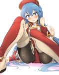  1girl ass black_legwear blue_eyes blue_hair blush commentary_request dress eyebrows_visible_through_hair fire_emblem fire_emblem:_fuuin_no_tsurugi hat highres lilina long_hair momio open_mouth pantyhose solo white_background 