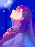  1girl adjusting_scarf breasts breath casual doki_doki_literature_club from_side grey_sweater hair_ornament hairclip highres ktsis lamppost long_hair looking_up night outdoors parted_lips profile purple_hair scarf smoke solo sweater turtleneck turtleneck_sweater upper_body violet_eyes yuri_(doki_doki_literature_club) 