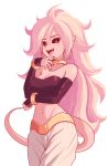  1girl absurdres android_21 android_21_(evil) black_nails black_sclera bracelet breasts cleavage detached_sleeves dragon_ball dragon_ball_fighterz earrings fangs harem_pants highres hoop_earrings jewelry looking_at_viewer majin_android_21 monster_girl nail_polish open_mouth pants pink_hair pink_skin pointy_ears red_eyes sally_(luna-arts) simple_background smile solo tail 