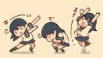  1girl ahoge arms_up bent_over black_hair clenched_hands closed_eyes commentary_request jumping kantai_collection long_hair open_mouth otoufu pleated_skirt shadow short_sleeves skirt solo translation_request ushio_(kantai_collection) yellow_background 