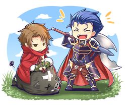  2boys armor axe blue_eyes blue_hair brown_eyes brown_hair cape cloak closed_eyes elbow_gloves fire_emblem fire_emblem:_rekka_no_ken gloves hector_(fire_emblem) highres male_focus matthew multiple_boys nakabayashi_zun open_mouth short_hair smile weapon 