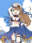  1girl alternate_costume beatrix_(granblue_fantasy) bikini breasts brown_hair cleavage clouds cloudy_sky colored dated front-tie_bikini front-tie_top granblue_fantasy green_eyes hair_ornament hand_over_face motitoy navel one_eye_closed ponytail sash sky smile sparkle sunglasses swimsuit 