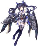  1girl azur_lane black_hair blue_ribbon breasts bridal_gauntlets cleavage eyebrows eyebrows_visible_through_hair full_body garter_straps hair_ribbon long_hair machinery medium_breasts neptune_(series) noire official_art red_eyes ribbon simple_background solo thigh-highs transparent_background tsunako turret twintails 