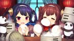  2girls =_= ahoge animal azur_lane bamboo_steamer bangs baozi blue_sky blush brown_hair closed_eyes clouds commentary_request day dress eyebrows_visible_through_hair food food_in_mouth food_on_face fur-trimmed_jacket fur_trim hair_rings hairband hairpods highres holding holding_food huziimiyuu indoors jacket lantern long_hair long_sleeves mouth_hold multiple_girls ning_hai_(azur_lane) ocean panda paper_lantern parted_lips ping_hai_(azur_lane) purple_dress purple_hair red_dress sky steam table twintails v-shaped_eyebrows violet_eyes water white_hairband white_jacket window 