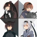  4girls :d akizuki_(kantai_collection) alternate_costume annin_musou black_headband blue_eyes braid brown_eyes brown_hair chou-10cm-hou-chan_(teruzuki&#039;s) clothes_writing commentary_request gloves grey_eyes hachimaki hair_between_eyes hatsuzuki_(kantai_collection) headband highres kantai_collection long_hair long_sleeves multiple_girls one_side_up open_mouth ponytail short_hair silver_hair smile suzutsuki_(kantai_collection) teruzuki_(kantai_collection) twin_braids white_gloves 