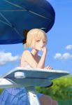  1girl absurdres ahoge alternate_costume arm_rest artist_name bangs bare_arms bare_shoulders beach_umbrella black_bow blonde_hair blue_sky blurry blurry_background bow casual clouds day depth_of_field dress eyebrows_visible_through_hair fate/grand_order fate_(series) feet_out_of_frame hair_bow half_updo highres leiq looking_at_viewer okita_souji_(fate) open_mouth outdoors print_dress short_hair sitting sky sleeveless sleeveless_dress solo table thumb_to_mouth tree umbrella white_dress yellow_eyes 