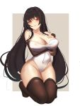  1girl bangs bare_shoulders black_gloves black_hair black_legwear breast_hold breasts closed_mouth collarbone elbow_gloves eyebrows_visible_through_hair fingerless_gloves full_body gg-e gloves hand_on_own_chest heart heart-shaped_pupils highleg highleg_leotard highres kneeling large_breasts leotard looking_at_viewer no_shoes original outside_border simple_background smile solo symbol-shaped_pupils thigh-highs twintails white_background white_leotard yellow_eyes 