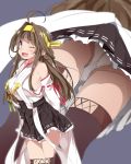 1girl ahoge bare_shoulders black_legwear black_skirt brown_hair commentary_request detached_sleeves double_bun from_below hairband headgear highres japanese_clothes kantai_collection kongou_(kantai_collection) long_hair mtu_(orewamuzituda) multiple_views nontraditional_miko one_eye_closed open_mouth panties pleated_skirt ribbon-trimmed_sleeves ribbon_trim simple_background skirt smile thigh-highs underwear violet_eyes white_panties wide_sleeves 