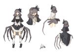  1girl :d arachne black_capelet black_footwear black_skirt bright_pupils capelet closed_mouth enira_rosebalsam grey_hair hair_between_eyes hair_ornament hairband high-waist_skirt insect_girl lansane legs_apart long_sleeves looking_at_viewer monster_girl multiple_views open_mouth original red_eyes shoes simple_background skirt smile socks spider_girl standing white_background white_legwear 