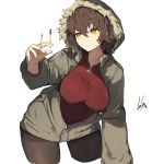  1girl black_legwear breasts brown_hair closed_mouth coat cropped_legs fur_trim green_eyes hair_between_eyes hand_up holding hood hood_up lansane large_breasts leaning_forward original pantyhose red_pupils red_shirt shirt signature simple_background solo standing white_background 