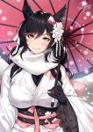  1girl alternate_costume animal_ears artist_name atago_(azur_lane) azur_lane black_gloves black_hair black_sash blush breasts brown_eyes closed_mouth flower frilled_sleeves frills gloves hair_flower hair_ornament holding holding_umbrella japanese_clothes kimono large_breasts long_hair looking_at_viewer obi oriental_umbrella sakiyamama sash scarf smile snow solo umbrella upper_body white_kimono white_scarf wide_sleeves winter 