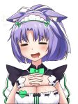  1girl :d =_= animal_ears blush bow bowtie breasts cat_ears character_name cinnamon_(sayori) cleavage cleavage_cutout commentary drooling eyebrows_visible_through_hair facing_viewer green_neckwear hair_ribbon hands_on_own_chest heart interlocked_fingers kaafi large_breasts maid maid_headdress name_tag nekopara open_mouth ponytail puffy_short_sleeves puffy_sleeves purple_hair ribbon ribbon-trimmed_clothes ribbon_trim short_hair short_sleeves simple_background smile solo upper_body watermark white_background white_ribbon wrist_cuffs 