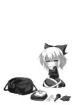  1girl bow cassette_tape comic dress duffle_bag gin_(shioyude) greyscale hair_bow highres kurodani_yamame long_sleeves microphone monochrome ponytail rubber_duck short_hair touhou 