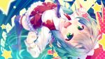  1girl azur_lane black_legwear clenched_hands fang glowworm_(azur_lane) green_eyes green_hair highres long_hair looking_at_viewer masaki_kei necktie open_mouth solo star thigh-highs twintails upside-down 