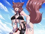  1girl animal_ears bare_shoulders blue_sky breasts brown_hair chains cleavage collar commentary_request dog_ears gloves huge_breasts knife kuon_yashiro navel navel_cutout o-ring_top open_mouth original red_eyes sheath short_hair sky solo thigh_strap under_boob white_gloves 