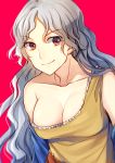  1girl arms_at_sides bare_shoulders breasts cleavage closed_mouth collarbone detached_sleeves dress eyebrows_visible_through_hair kaede_(mmkeyy) long_hair looking_at_viewer medium_breasts multicolored multicolored_clothes multicolored_dress red_eyes sakata_nemuno silver_hair simple_background single_strap smile solo touhou upper_body wavy_hair 