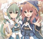  2girls :d animal_ears animal_hood bangs black_choker blue_kimono blurry blurry_background blush breasts brown_eyes brown_hair choker cleavage closed_mouth commentary_request day depth_of_field dragon_horns eyebrows_visible_through_hair fang fate/extra fate/grand_order fate_(series) fox_ears green_hair hair_between_eyes hood hood_up horns index_finger_raised japanese_clothes kimono kiyohime_(fate/grand_order) long_hair long_sleeves looking_at_viewer low_twintails medium_breasts multiple_girls obi open_mouth outdoors outstretched_arm pelvic_curtain sapphire_(sapphire25252) sash short_kimono sidelocks smile tamamo_(fate)_(all) tamamo_no_mae_(fate) tree twintails v very_long_hair white_kimono wide_sleeves 