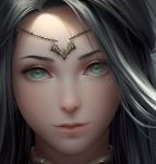  1girl artist_name chuby_mi circlet close-up closed_mouth face final_fantasy final_fantasy_xiv green_eyes grey_hair highres hyur lips long_hair looking_at_viewer md5_mismatch mole mole_under_eye smile solo 