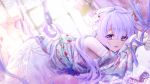  1girl :d azur_lane blush butterfly_hair_ornament dutch_angle elbow_gloves eyebrows_visible_through_hair food_print from_side gloves hair_between_eyes hair_ornament highres lace long_hair looking_at_viewer lying matori_(user_xrdk3278) on_stomach open_mouth own_hands_together purple_hair purple_ribbon ribbon smile solo strawberry_print stuffed_unicorn twitter_username unicorn_(azur_lane) very_long_hair white_gloves window 