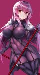 1girl :o armor bangs beeyan bodysuit breasts covered_collarbone covered_navel dual_wielding eyebrows_visible_through_hair fate/grand_order fate_(series) gae_bolg hair_between_eyes hair_intakes highres holding holding_weapon impossible_bodysuit impossible_clothes large_breasts legs_together long_hair looking_at_viewer polearm purple_background purple_bodysuit purple_hair red_eyes scathach_(fate/grand_order) shiny shiny_hair shoulder_armor simple_background skin_tight solo standing thick_thighs thighs turtleneck very_long_hair weapon 