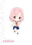  1girl absurdres alaya blush chibi copyright_name eyebrows_visible_through_hair hair_ornament hairclip highres jacket koharu_yoshino looking_at_viewer pink_hair red_eyes sakura_quest simple_background smile solo white_background 