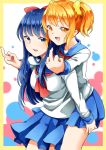  2girls akira_ry0 blue_eyes blue_hair breasts carrying highres long_hair medium_breasts middle_finger multiple_girls open_mouth orange_eyes orange_hair piggyback pipimi poptepipic popuko school_uniform smile 