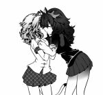  60606 animal_ears antlers closed_eyes greyscale hands_on_another&#039;s_arm hands_on_another&#039;s_shoulder height_difference kemono_friends kiss lion_(kemono_friends) lion_ears lion_tail monochrome moose_(kemono_friends) moose_ears moose_tail skirt tail yuri 
