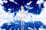  1girl ahoge arm_at_side bare_legs blue_sky card_captor_sakura closed_mouth clouds crown day dress eyebrows_visible_through_hair feathered_wings full_body gloves green_eyes haruki_(colorful_macaron) high_heels highres holding holding_wand kinomoto_sakura light looking_at_viewer orange_hair petals reflection ripples see-through short_hair sky sleeveless sleeveless_dress smile solo standing standing_on_liquid star twitter_username wand water white_dress white_footwear white_gloves white_wings wings 