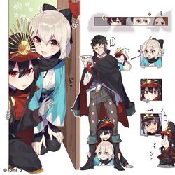  ... 2boys 3girls belt black_hair boots brown_hair chacha_(fate/grand_order) chibi cloak fate/grand_order fate_(series) gloves haori hat hijikata_toshizou_(fate/grand_order) japanese_clothes koha-ace multiple_boys multiple_girls oda_nobukatsu_(fate/grand_order) oda_nobunaga_(fate) oda_uri okita_souji_(fate) omi_(tyx77pb_r2) red_eyes shako_cap silver_hair spoken_ellipsis twitter_username yellow_eyes 