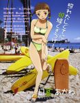  6+boys 6+girls absurdres bangs beach bikini blue_bow blunt_bangs blush bow bow_bikini braid brown_eyes brown_hair character_name character_signature clouds floral_print green_bikini hair_bow hand_on_own_arm hand_on_own_thigh highres higurashi_akane hisayuki_hirokazu looking_at_viewer multiple_boys multiple_girls my-hime one_leg_raised open_mouth palm_tree photo_background print_footwear sandals sky solo_focus spaghetti_strap surfboard swimsuit translation_request tree twin_braids wavy_mouth white_footwear yellow_bow 