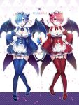  2girls :d alternate_color apron arm_at_side black_footwear blue_dress blue_legwear blue_neckwear blue_ribbon blush bow breasts character_name cleavage closed_mouth corset demon_girl demon_horns demon_tail demon_wings detached_collar detached_sleeves dress full_body garter_straps hair_bow hair_over_one_eye hairband hand_on_hip horns lolita_hairband long_sleeves looking_at_viewer maid medium_breasts multiple_girls neck_ribbon open_mouth pink_eyes pink_hair ram_(re:zero) re:zero_kara_hajimeru_isekai_seikatsu red_dress red_legwear red_neckwear red_ribbon rem_(re:zero) ribbon short_hair siblings small_breasts smile symmetry tail thigh-highs tora_(tora_factory) twins v-shaped_eyebrows waist_apron white_apron wide_sleeves wings zettai_ryouiki 