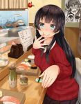  1girl agano_(kantai_collection) alternate_costume black_hair black_skirt blue_eyes chopsticks commentary_request fish food kantai_collection long_hair long_sleeves narushima_kanna pleated_skirt red_shirt shirt skirt smile solo sparkle sushi twitter_username when_you_see_it 